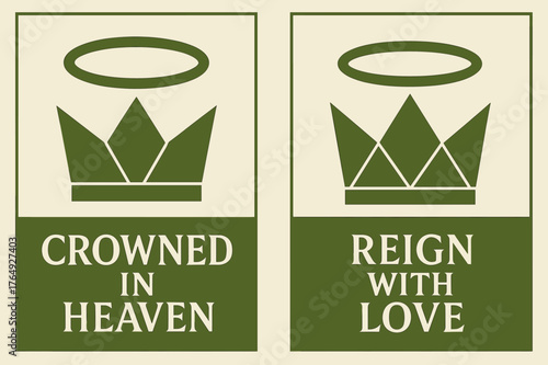 Celestial Banners Design. Celestial Coronation. Two vertical A6 banners with safe margins, centered composition, no elements touching edges, geometric, olive