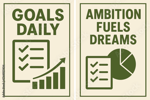 Goals Daily Banners. Goals daily. Two vertical A6 banners with safe margins, centered composition, no elements touching edges, geometric, olive green and