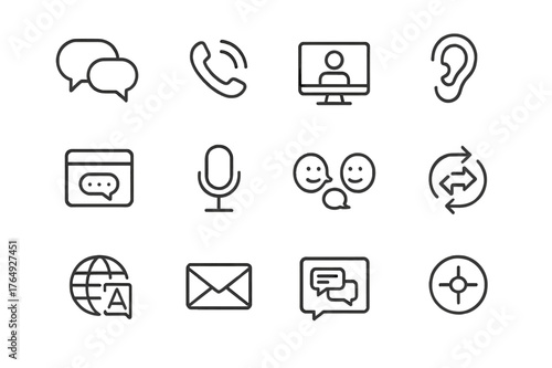 Communication Icons Set. Communication Skills. Line icon set of Communication Skills: speech bubbles, phone call, video meeting, active listening ear, chat