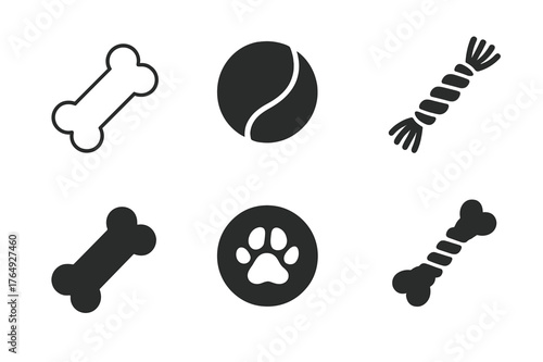 Pet Toy Logos. Pet-Friendly Living. Set Logo of Pet Toys: Minimal outline, Filled silhouette, Abstract geometric, Negative space, Flat solid, Iconic shape.
