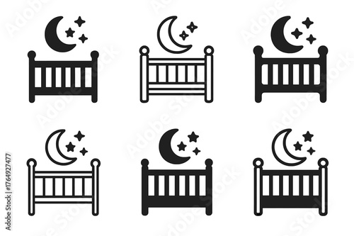 Infant Sleep Logos. Infant sleep. Set Logo of Infant sleep: moon and stars above crib. harmonious logo variations of the same emblematic concept, each with