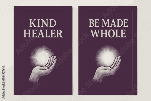Healing Hand Banners. Healing Touch. Two vertical A6 banners with safe margins, centered composition, no elements touching edges, bold, plum and silver,