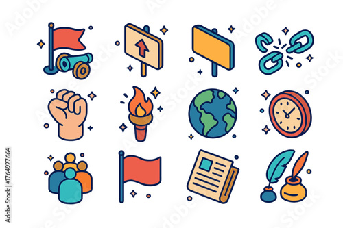 Revolutionary Icons Display. Historical change. Colorful isometric vector icons set of historical change: revolution, uprising, protest banner, broken chains,