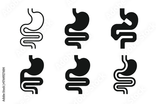Digestive System Logos. Food digestion in the body. Set Logo of digestive system: stylized stomach and intestines. Icon set. harmonious logo variations of the