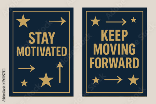 Motivation Banners. Stay motivated. Two vertical A6 banners with safe margins, centered composition, no elements touching edges, bold, navy and gold, objects