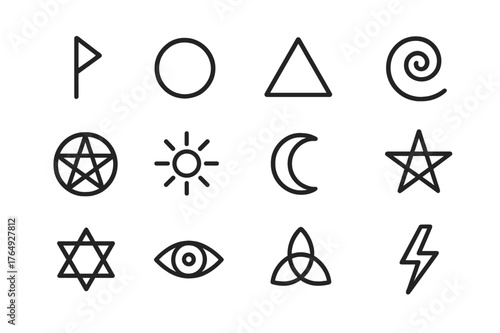 Symbolic Runes Icons. Runes and symbols. Line icon set of runes and symbols: elder futhark rune, circle symbol, triangle symbol, spiral, pentagram, sun symbol,