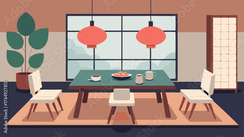 A dining room with a mix of Scandinavian and Japanese elements such as a white dining table and chairs paired with a traditional tatami mat and low wooden stools for seating. A