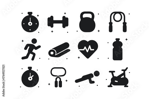 Tabata Workout Icons. Tabata Training. Solid icons set of Tabata Training: stopwatch, dumbbell, kettlebell, jump rope, person running, yoga mat, heart rate