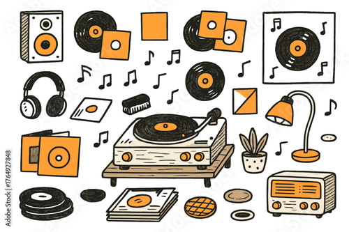 Retro Music Corner. Vintage record player. Hand-drawn doodle illustration record player (colored), vinyl records (colored), turntable (colored), speaker