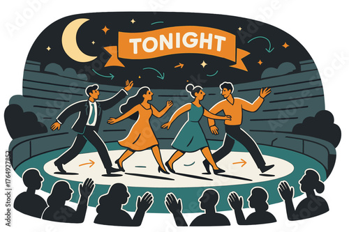 Moonlit Theater Performance. Open-Air Amphitheater Performance. Actors stride across a semicircular stage; moonlight washes the stone tiers as ?Tonight? glows