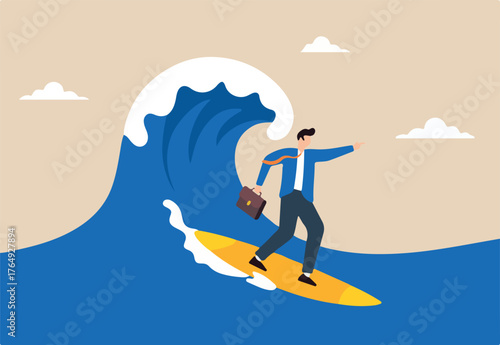 Expert businessman surfing or riding wave to success direction, illustrating following business trends and momentum. Concept of overcoming difficulties, professional experience and career development