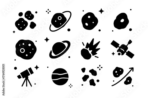 Asteroid Icon Grid. Asteroids and space rocks. Solid icons set of Asteroids and space rocks: asteroid cluster, orbit line, cratered rock, small asteroid, large