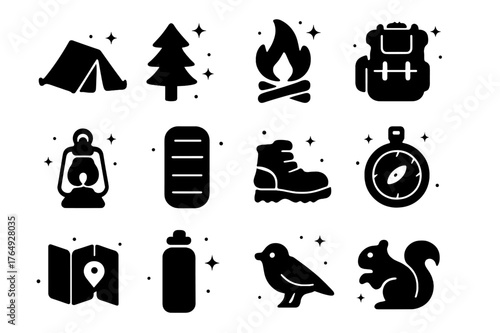 Nature Camping Icons. Nature Camping. Solid icons set of Nature Camping: tent, pine tree, campfire, backpack, lantern, sleeping bag, hiking boots, compass,