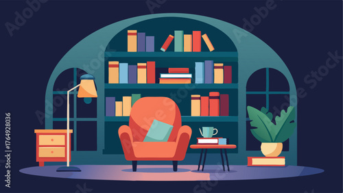 A cozy reading nook surrounded by shelves of books with a small table and chairs also available for studying or working on projects.