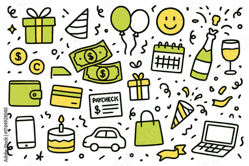 Festive Financial Celebration. Money celebration. Hand-drawn doodle illustration money bills (colored), coins (colored), wallet (colored), credit