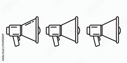 Three megaphone icons are displayed in a simple line art style, representing announcements, communication, and public speaking