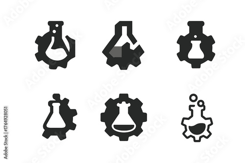 Innovative Logo Variations. R&D and productivity. Set Logo of R&D and productivity: lab flask morphing into gear. harmonious logo variations of the same