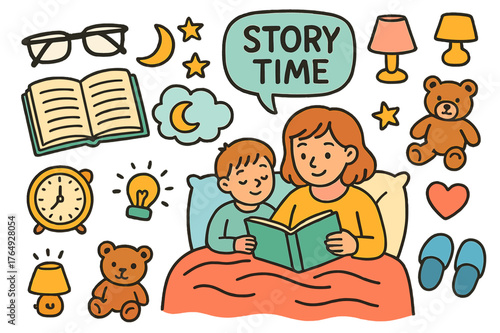 Bedtime Storytime Scene. Storytime moments. Colorful Hand-drawn doodle Children illustration Storytime moments open book, glasses, moon, stars, blanket,