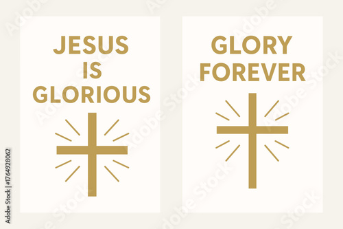 Radiant Cross Banners. Glory of Christ. Two vertical A6 banners with safe margins, centered composition, no elements touching edges, flat vector design, white