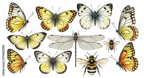 Educational biology drawing of different butterflies and two other insects, rendered in a realistic, detailed style