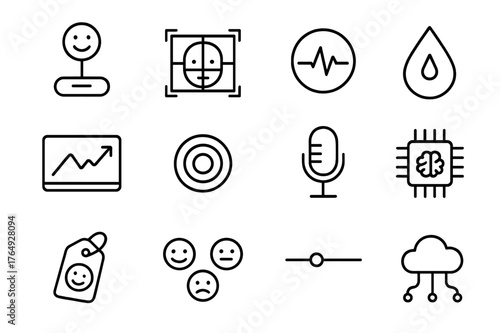 Affective Computing Icons. Affective Computing. Line icon set of Affective Computing: emotion sensor, facial expression grid, heart rate line, skin conductance