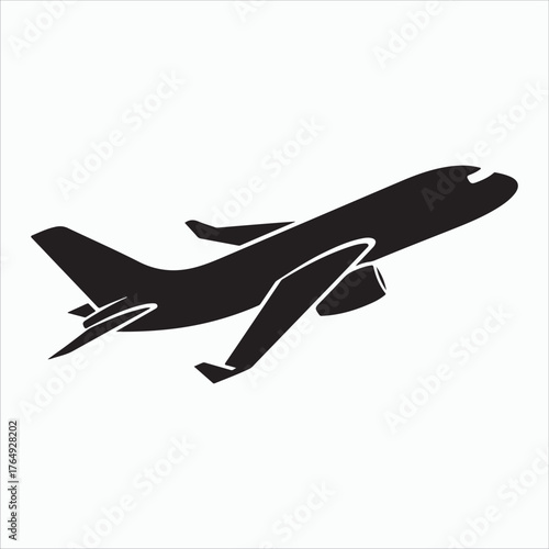 A black airplane icon takes flight, symbolizing travel, transportation, and aviation in a simple, minimalist design
