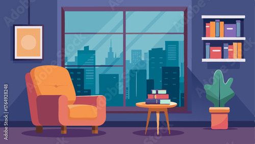 A cozy reading nook with a plush armchair and a small side table overlooking the city from a large window.
