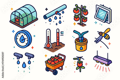 Greenhouse Tomato Icons. Greenhouse tomato cultivation. Colorful isometric vector icons set of Greenhouse tomato cultivation: greenhouse tunnel, irrigation