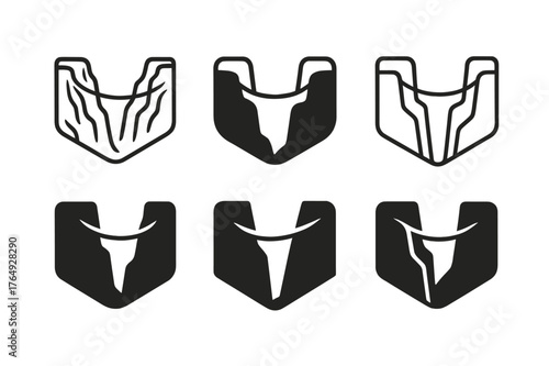 Highlining Logo Variations. Highlining. Set Logo of Highlining: webbing span over canyon. harmonious logo variations of the same emblematic concept, each with