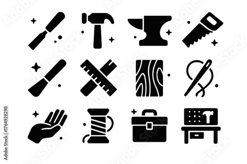 Traditional Craft Icons. Traditional Craft. Solid icons set of Traditional Craft: chisel, hammer, anvil, saw, paintbrush, ruler, wood plank, sewing needle,