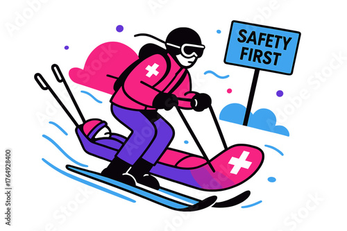 Ski Patrol Rescue. Ski Patrol In Action. A rescuer carves with a sled, red cross emblem gleaming; urgency meets calm precision. ?Safety First? hangs in the