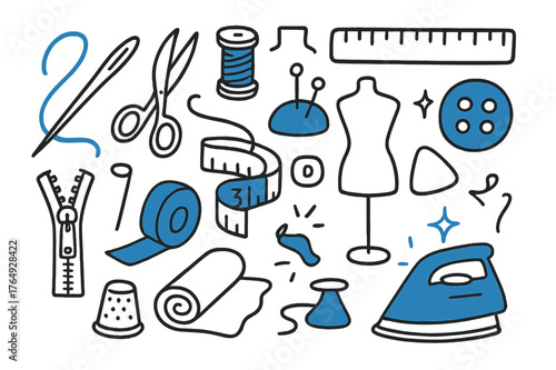 Tailoring Essentials Icons. // Tailoring essentials. Hand-drawn doodle illustration Tailoring essentials [needle (accented), scissors, thread spool (accented),