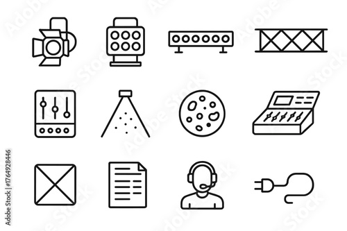 Stage Lighting Icons. Stage Lighting. Line icon set of Stage Lighting: spotlight, floodlight, LED bar, rig truss, dimmer board, light beam, gobo pattern,