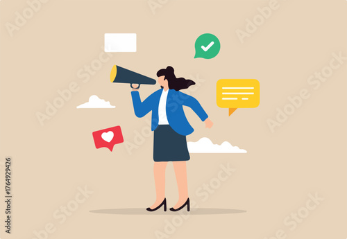 Flat illustration of young woman speak on megaphone for social media promotion symbolizing public relations and marketing