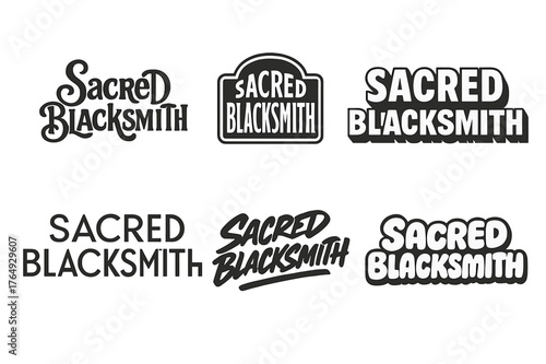 Sacred Blacksmith Typography. Sacred Blacksmith. Set lettering. harmonious lettering variations of the same emblematic concept (Whimsical curly type with