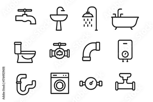 Plumbing Icons Collection. Plumbing fixtures. Line icon set of plumbing fixtures: faucet, sink, shower, bathtub, toilet, valve, pipe elbow, water heater,