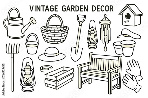 Vintage Garden Collection. Vintage garden decor. Hand-drawn doodle illustration vintage garden decor metal watering can, wicker basket, old shovel, lantern,