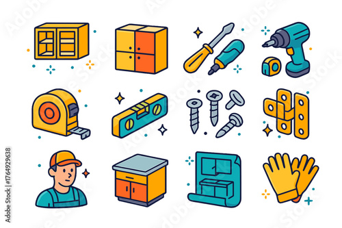Isometric Cabinet Icons. Cabinet assembly. Colorful isometric vector icons set of cabinet assembly: upper cabinets, lower cabinets, screwdriver, drill,