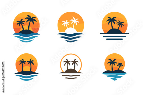 Island Logos Showcase. Island hopping and tropical vacation spots. Set Logo of Island hopping and tropical vacation spots: a tropical sunset over calm ocean