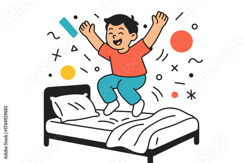 Child Leaping on Bed. Enjoying the Feeling of Fresh Sheets on the Bed. Child happily jumping on a bed with fresh sheets with floating abstract geometric shapes