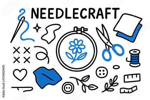 Needlecraft Doodle Art. // Needlecraft hobby. Hand-drawn doodle illustration Needlecraft hobby [needle (accented), thread (accented), fabric (accented), hoop,