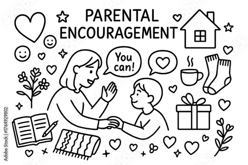 Parental Encouragement Doodle. Parental Encouragement. Hand-drawn doodle illustration Parental Encouragement mom cheering child, heart, blanket, cup of tea,