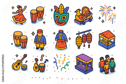 Cultural Festival Icons. Cultural festivals. Colorful isometric vector icons set of cultural festivals: traditional dance, festival mask, parade float,
