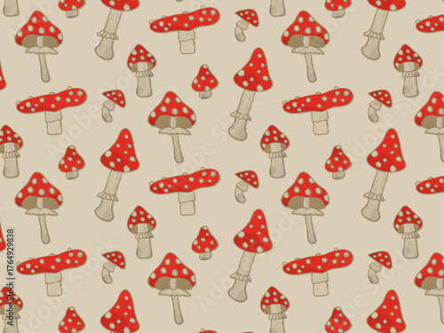 Autumn watercolor seamless pattern of fall doodles amanita mushrooms. Hand drawing doodles of vector botanical elements