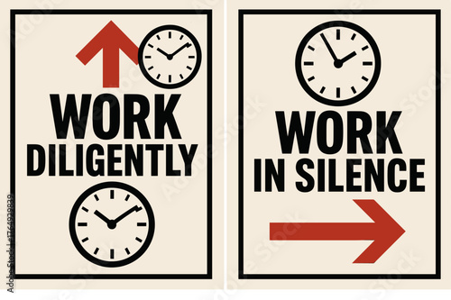 Brutalist Work Banners. Work diligently. Two vertical A6 banners with safe margins, centered composition, no elements touching edges, brutalist, black and red,