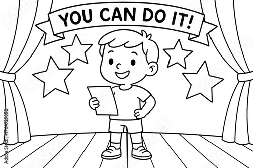 Confident Stage Performance. Stage courage children?s coloring book illustration, outlined drawing, a child standing confidently on stage while holding a