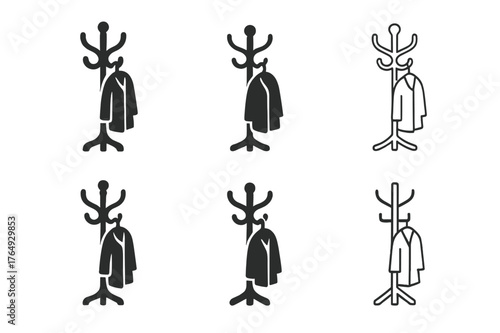 Coat Rack Logos. Hanging up a coat. Set Logo of Hanging up a coat: standing coat rack tree with hooks. harmonious logo variations of the same emblematic