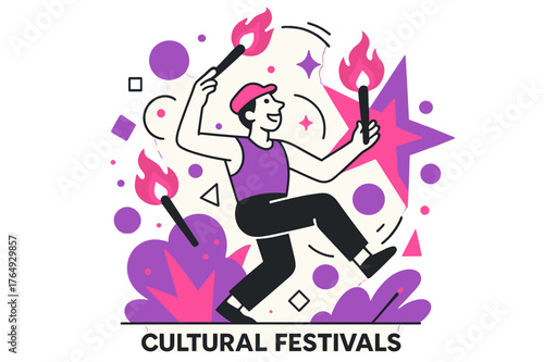 Fire Juggling Festival. Cultural Festivals. Performer juggling fire during a festival with floating abstract geometric shapes and glowing accents, energetic