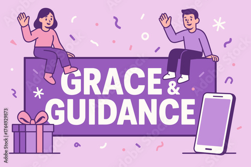 Grace & Guidance Banner. Grace & Guidance banner, flat vector illustration, bold oversized text inside rectangular frame banner, cartoon characters sitting and