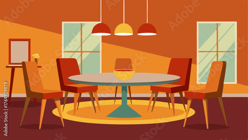 A dining room with a circular glass top table and mismatched chairs in varying shades of orange and brown.